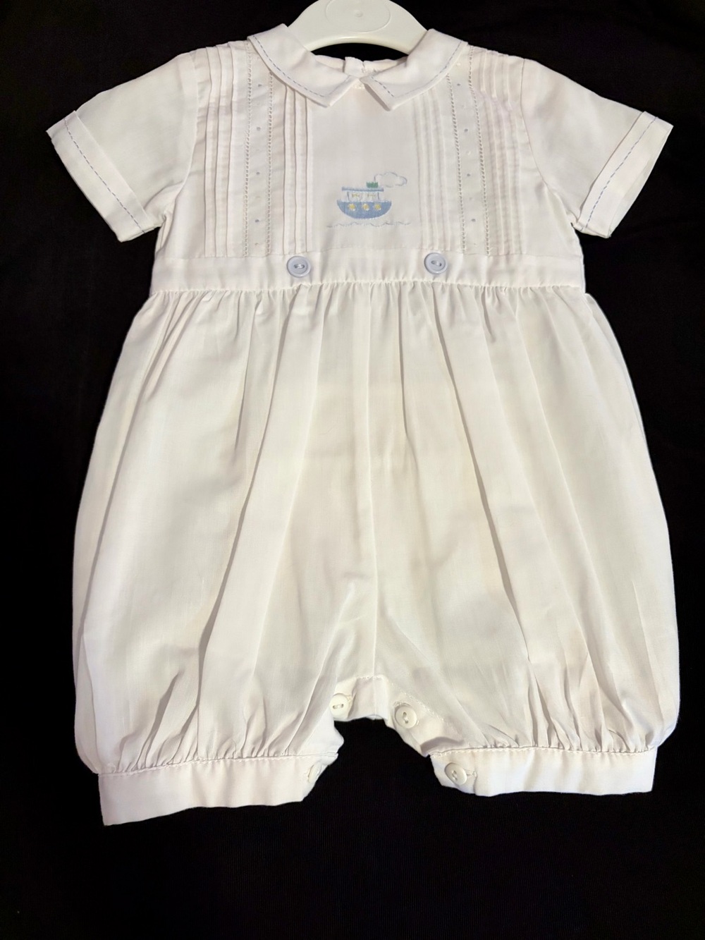 New Sarah Louise Hand Embroidered White Baby One-Piece. New, Boutique, England